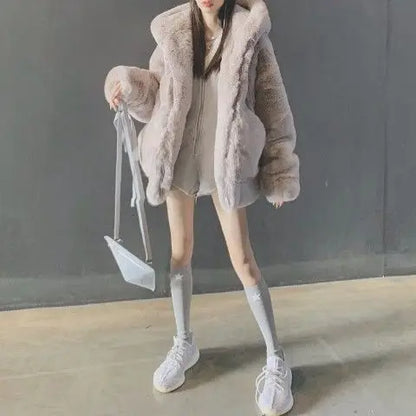 LVSANW Korean Thickened Mink Velvet Coat Women Winter Clothes New Jacket Version Loose Imitation Rabbit Fur Plush Hooded Fur Coat