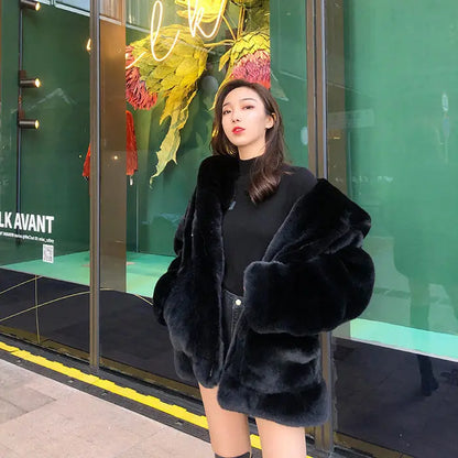 LVSANW Korean Thickened Mink Velvet Coat Women Winter Clothes New Jacket Version Loose Imitation Rabbit Fur Plush Hooded Fur Coat