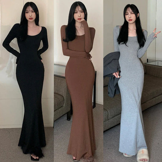 LVSANW Korean Version Fishtail Dress Solid Color Square Neck Slimming Sexy Fishtail Wrap Buttocks Dress