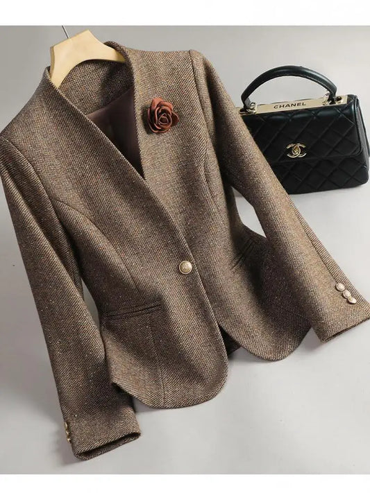 LVSANW Korean Woman Autumn Winter Retro Brown Casual Long Sleeves Woolen Blazers Coat Commuting Office Lady Single Button Elegant Tops