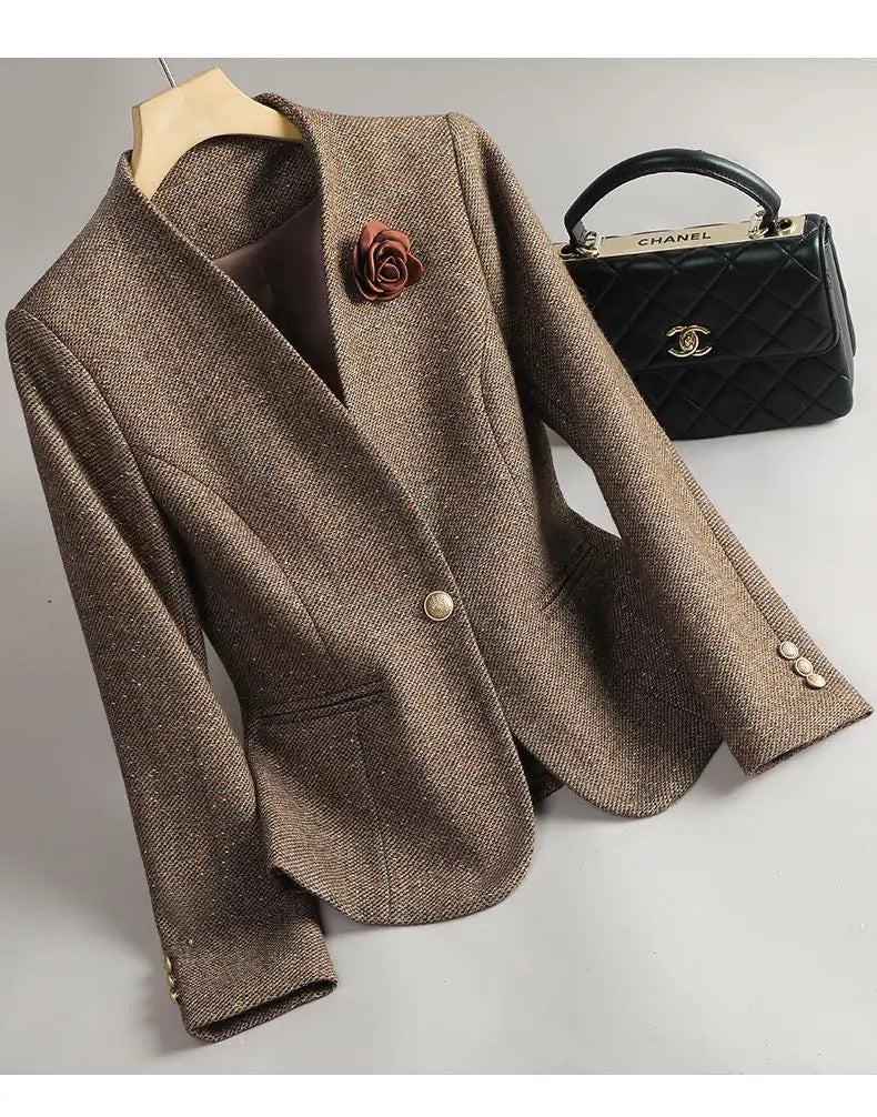 LVSANW Korean Woman Autumn Winter Retro Brown Casual Long Sleeves Woolen Blazers Coat Commuting Office Lady Single Button Elegant Tops