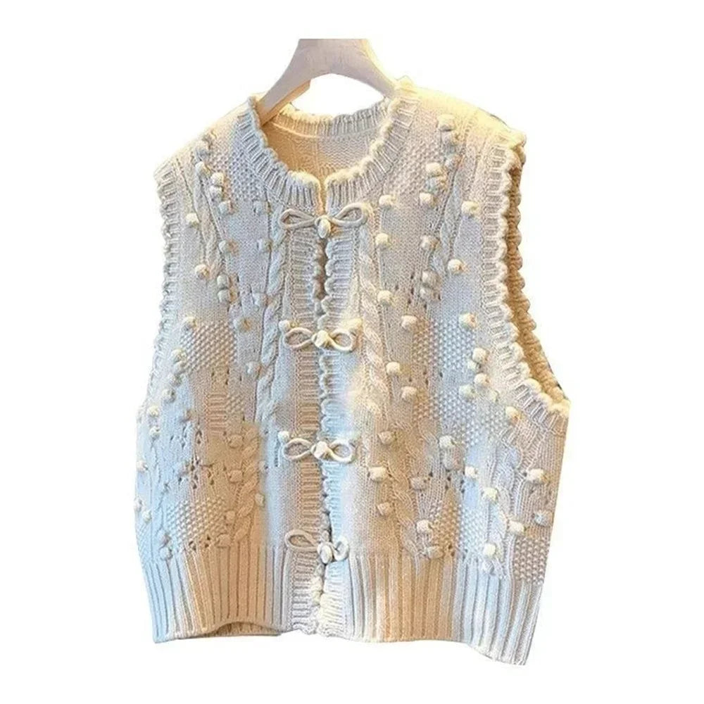 LVSANW Korean Women Casual Loose White Cardigan Korean New Chinese Style Knitted Sweater Vest Spring O Neck Twist Elegant Waistcoat