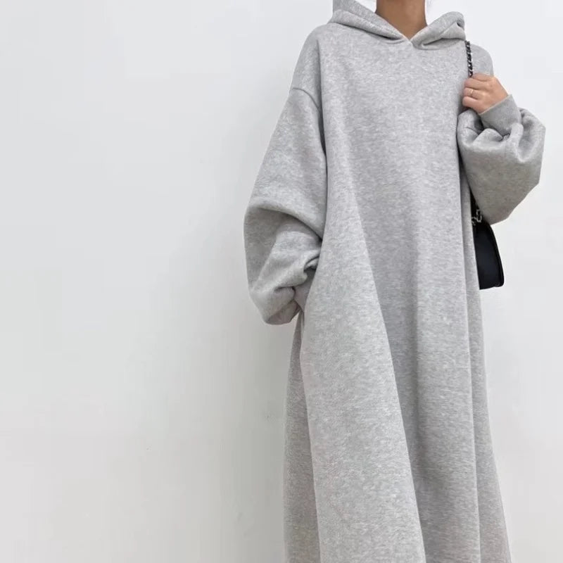 LVSANW Korean split hoodet for women, gray dress, simple laser style, drawn string hoods, long arm length, autumn and winter