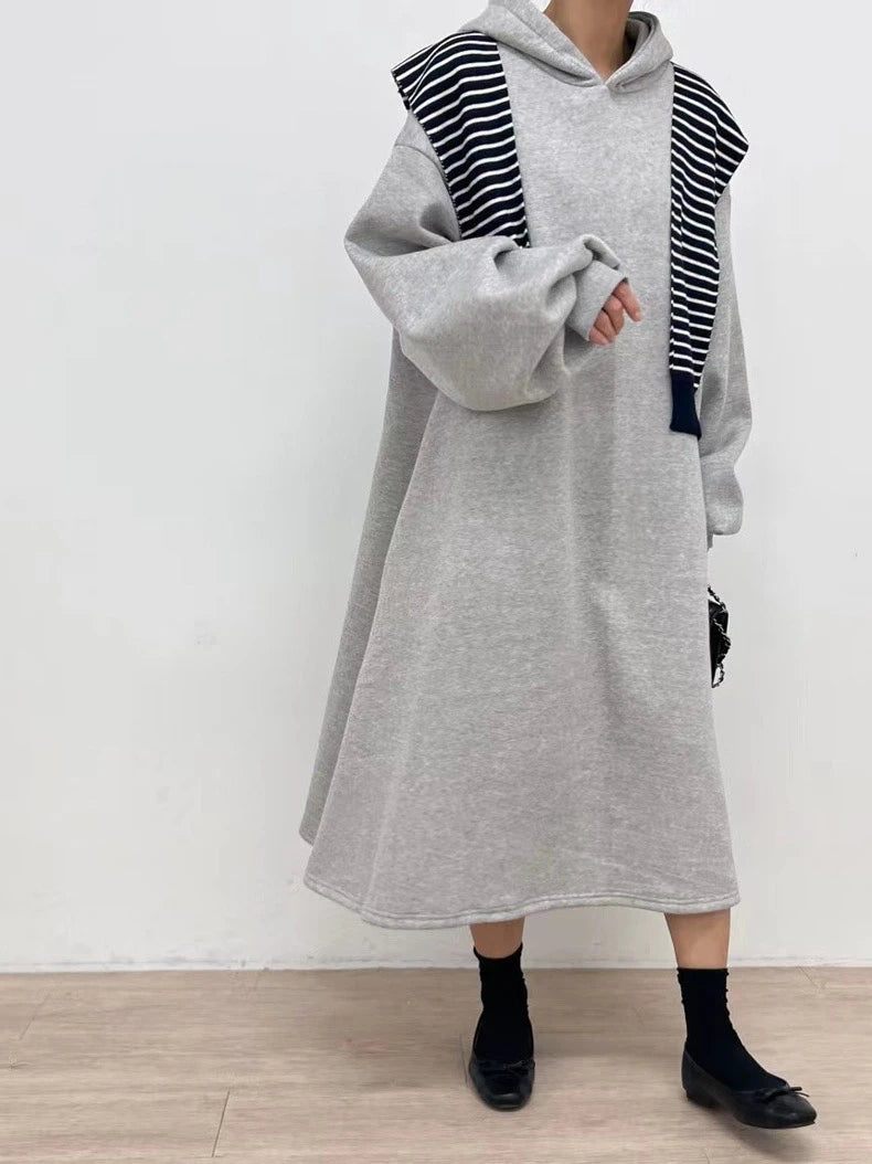 LVSANW Korean split hoodet for women, gray dress, simple laser style, drawn string hoods, long arm length, autumn and winter