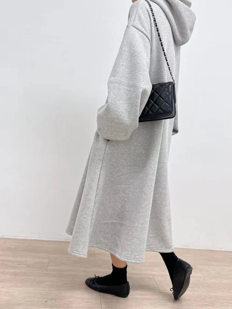 LVSANW Korean split hoodet for women, gray dress, simple laser style, drawn string hoods, long arm length, autumn and winter