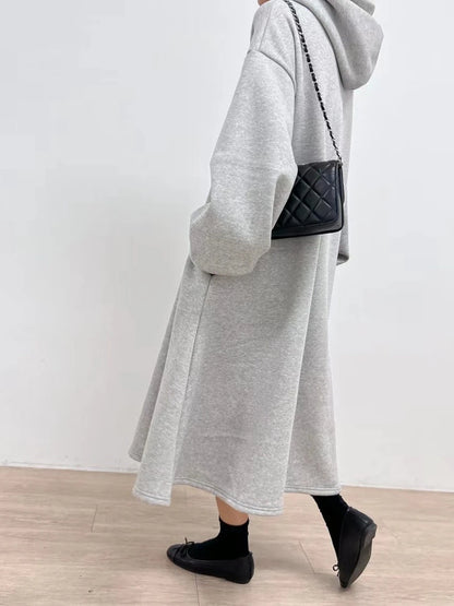 LVSANW Korean split hoodet for women, gray dress, simple laser style, drawn string hoods, long arm length, autumn and winter