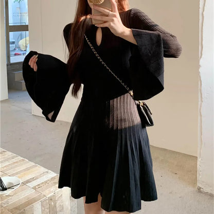 LVSANW Korean style Elegant Knitted Dress Women Flare Sleeve O-neck Hollow Out Autumn Winter Sexy Pleated Mini Dresses