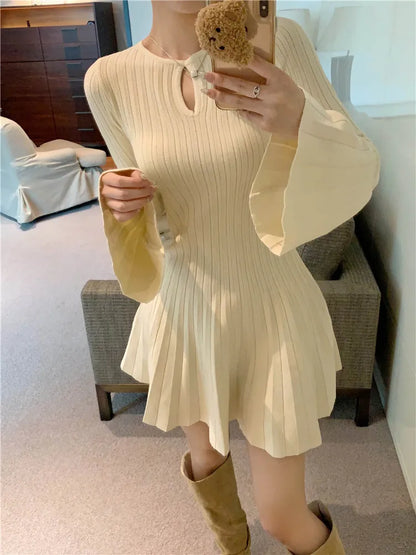 LVSANW Korean style Elegant Knitted Dress Women Flare Sleeve O-neck Hollow Out Autumn Winter Sexy Pleated Mini Dresses