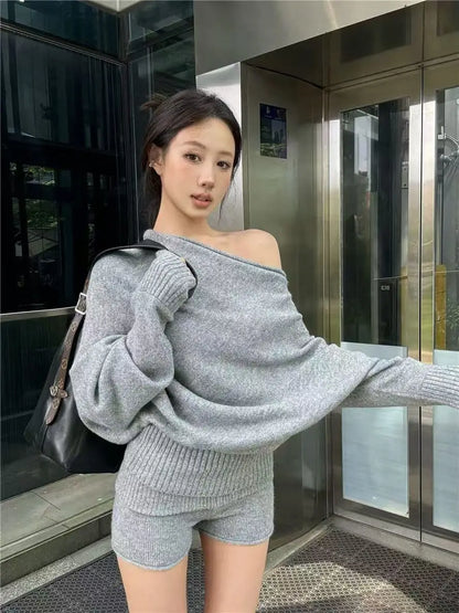 LVSANW Korejpaa Elegant Sweater Short Sets Women Autumn Winter Slanted Shoulder Knitted Sweaters High Waist Shorts Two Piece Set