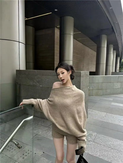 LVSANW Korejpaa Elegant Sweater Short Sets Women Autumn Winter Slanted Shoulder Knitted Sweaters High Waist Shorts Two Piece Set