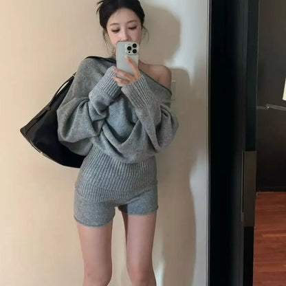 LVSANW Korejpaa Elegant Sweater Short Sets Women Autumn Winter Slanted Shoulder Knitted Sweaters High Waist Shorts Two Piece Set