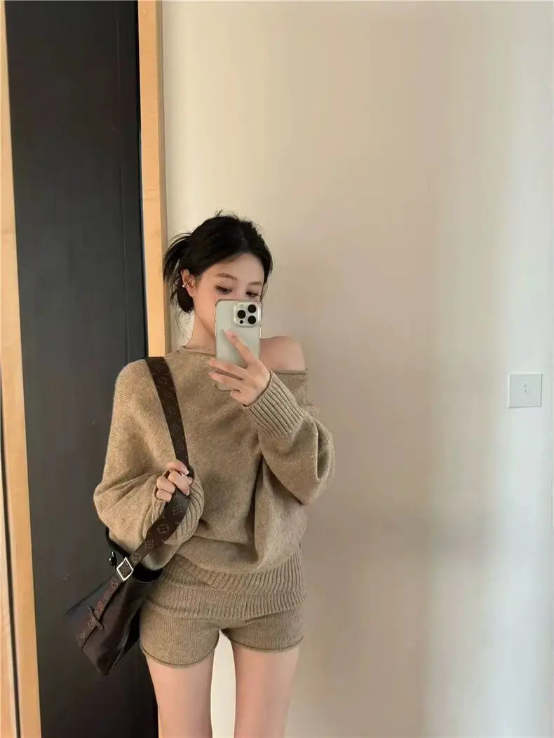 LVSANW Korejpaa Elegant Sweater Short Sets Women Autumn Winter Slanted Shoulder Knitted Sweaters High Waist Shorts Two Piece Set