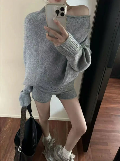 LVSANW Korejpaa Elegant Sweater Short Sets Women Autumn Winter Slanted Shoulder Knitted Sweaters High Waist Shorts Two Piece Set