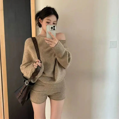 LVSANW Korejpaa Elegant Sweater Short Sets Women Autumn Winter Slanted Shoulder Knitted Sweaters High Waist Shorts Two Piece Set