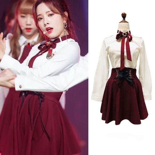 LVSANW Kpop Korean Singer Concert Sexy Women White Slim Long Sleeve Lapel Blouses Crop Tops High Waist Lace-up Skirt New Dance Outfits