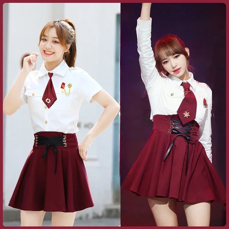 LVSANW Kpop Korean Singer Concert Sexy Women White Slim Long Sleeve Lapel Blouses Crop Tops High Waist Lace-up Skirt New Dance Outfits