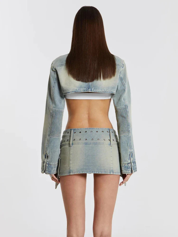 LVSANW LGRQ Y2K Fashion Street Wear Midriff-baring Denim Short Jacket Mini Skirt Two-piece Sets Trendy High Quality 2024 Design 19F1856