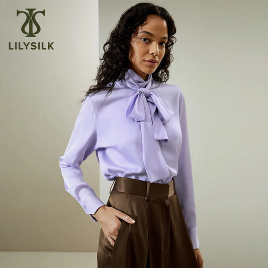 LVSANW LILYSILK Silk Blouse for Women 2024 Spring Edition Neckline Ribbon Turtleneck Top Cuff Shell Button Luxury Shirt Free Shipping