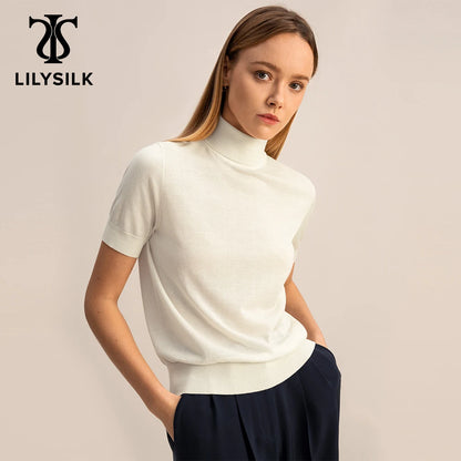 LVSANW LILYSILK Silk Knitted Sweater for Women 2024 Spring New  Elegant Short Sleeve Turtleneck Top Lady Essentials Free Shipping