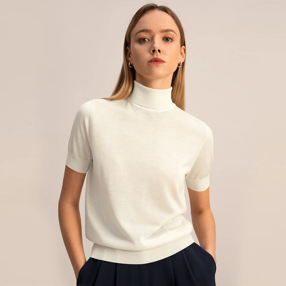 LVSANW LILYSILK Silk Knitted Sweater for Women 2024 Spring New  Elegant Short Sleeve Turtleneck Top Lady Essentials Free Shipping