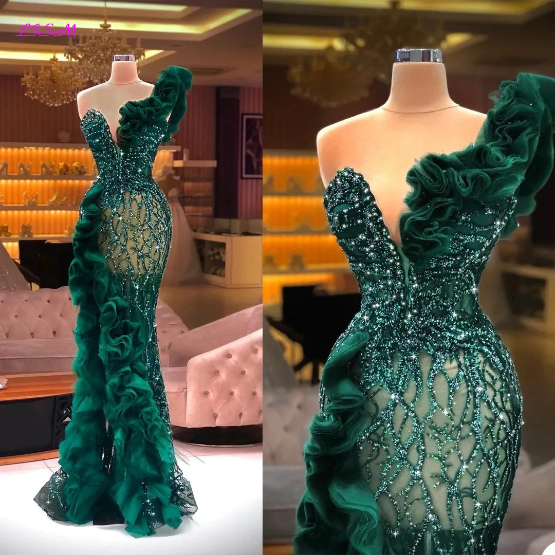 LVSANW LISM Luxury Beaded Appliques Mermaid Evening Dresses Elegant Side Split Ruffles Tulle Prom Dress Glitter Sequins Formal Gowns