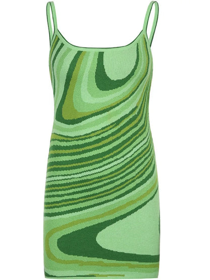 LVSANW LW Color Block Mini Dreses Spaghetti Straps Sexy Waist Water Ripple Printing Knitted Suspender Bodycon Cami Dress