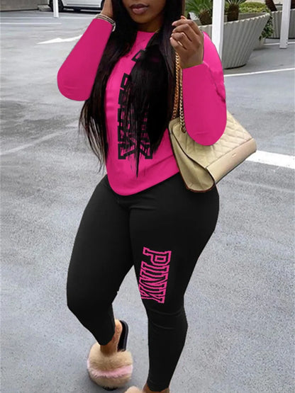 LVSANW LW Fashion Women Autumn&Winter Pink Letter Print Long Sleeve Hoodies 2 Pieces Casual Track Suits Pants Set