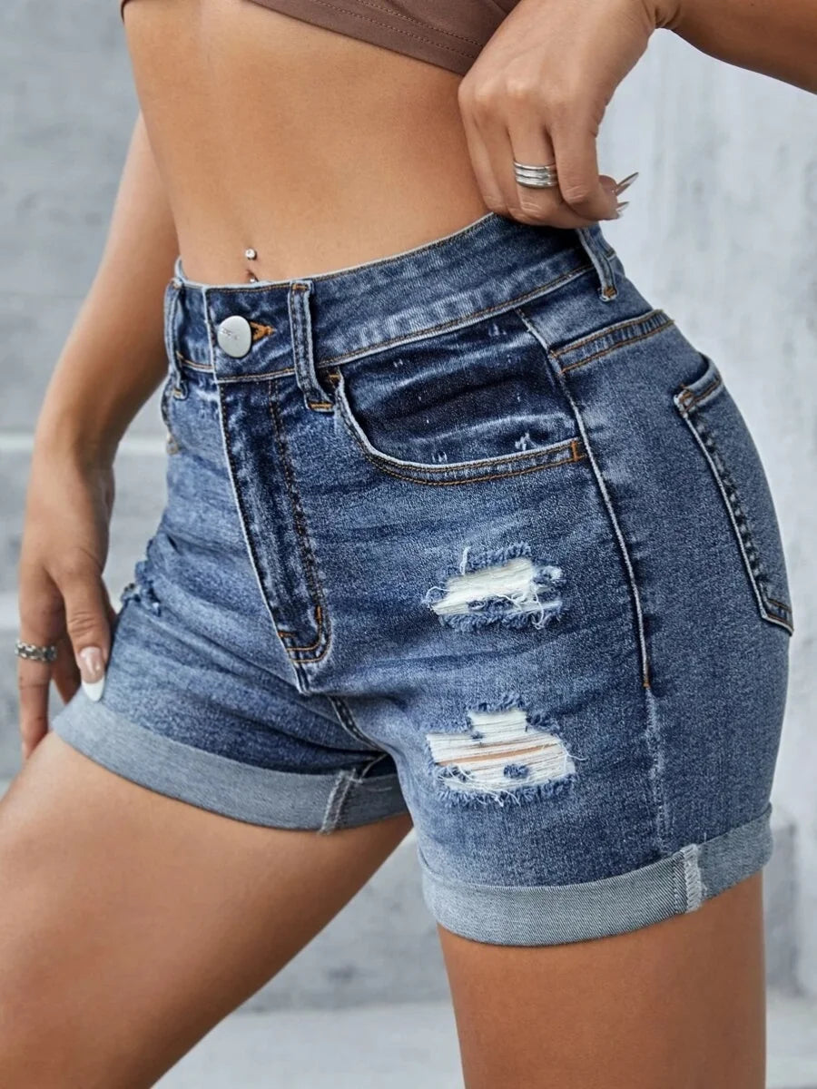 LVSANW LW High Waist Ripped Pocket Design Solid Skinny Stretchy Denim Shorts Women Casual Ripped Stretchy Cuffed Hem Hot Jean Pants