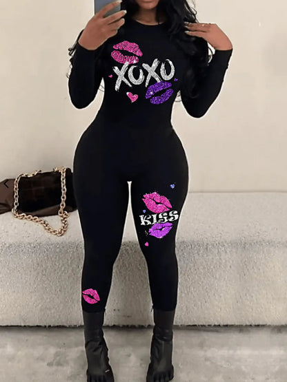 LVSANW LW Print Long Jumpsuit Women Crew Neck Skinny Sheath Body-shaping Casual Stretchy Trendy Female Bodysuits Long Sleeve Rompers