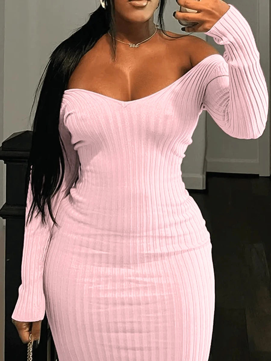 LVSANW LW Women's V Neck Long Sleeve Midi Dresses BASICS Deep V Neck Rib Knit Bodycon Dress 2024 Fall Causal Sexy Wrap Dress