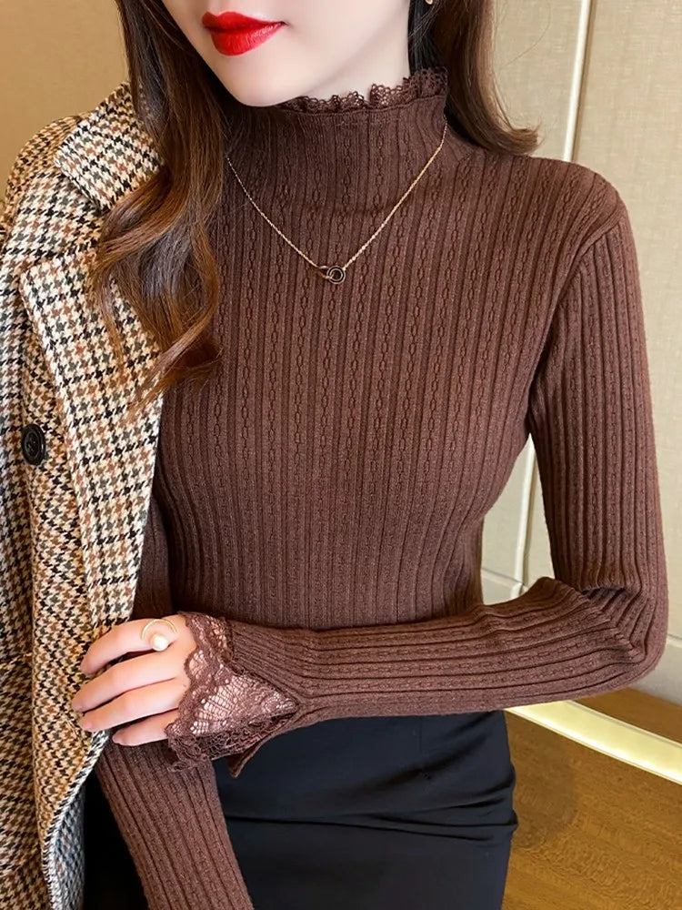 LVSANW Lace Solid Basic Knitted Women Tops Turtlneck Sweater Long Sleeve Slim Casual Pullover Korean Fashion Simple Chic Clothes