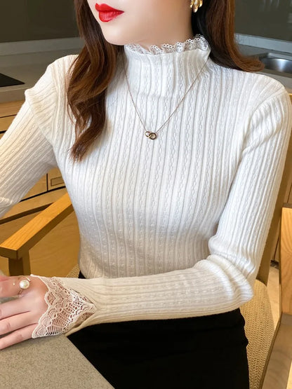 LVSANW Lace Solid Basic Knitted Women Tops Turtlneck Sweater Long Sleeve Slim Casual Pullover Korean Fashion Simple Chic Clothes