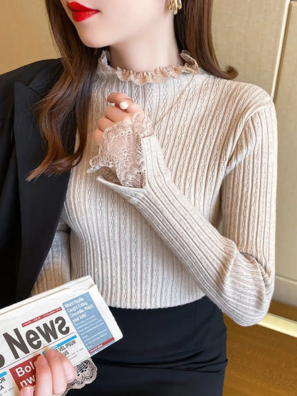 LVSANW Lace Solid Basic Knitted Women Tops Turtlneck Sweater Long Sleeve Slim Casual Pullover Korean Fashion Simple Chic Clothes