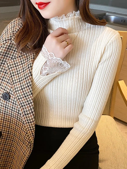 LVSANW Lace Solid Basic Knitted Women Tops Turtlneck Sweater Long Sleeve Slim Casual Pullover Korean Fashion Simple Chic Clothes