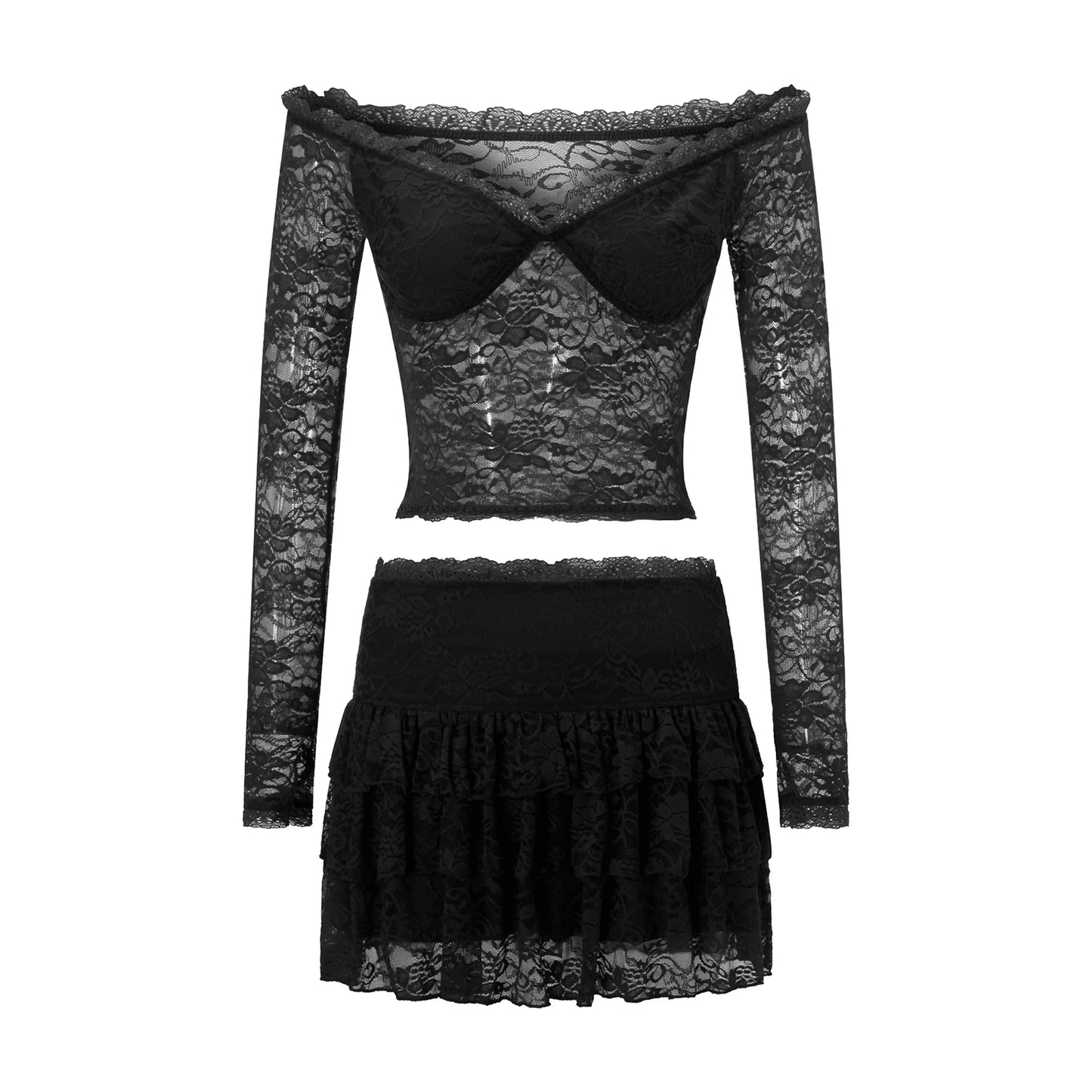 LVSANW Lace Trim Two Piece Outfits for Women Off Shoulder Crop Tops T-shirts Short Mini Skirt y2k 2 Piece Skirts Sets Beach Wear