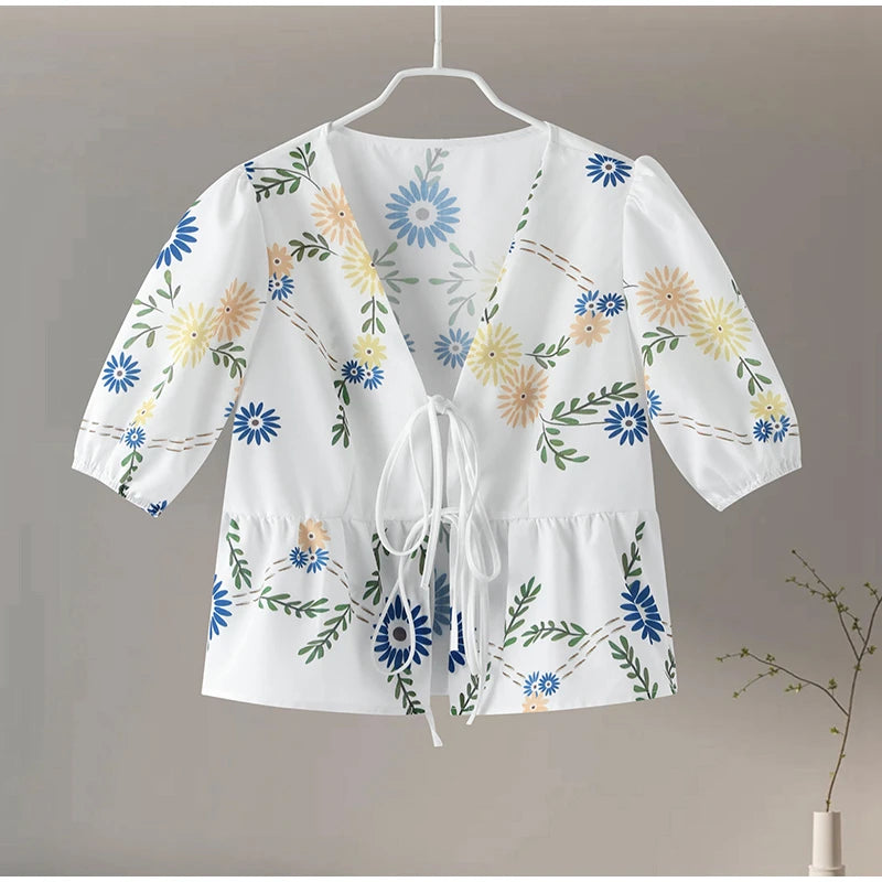 LVSANW Lace Up Flower Print Women‘s Shirt Hollow Out Bow Short Puff Sleeve V-neck Female Shirt 2024 Spring Summer Casual Lady Outwear