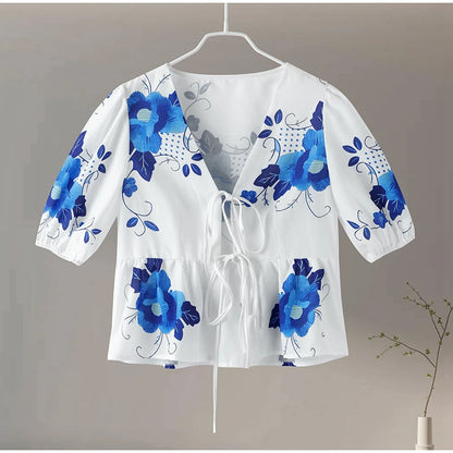 LVSANW Lace Up Flower Print Women‘s Shirt Hollow Out Bow Short Puff Sleeve V-neck Female Shirt 2024 Spring Summer Casual Lady Outwear