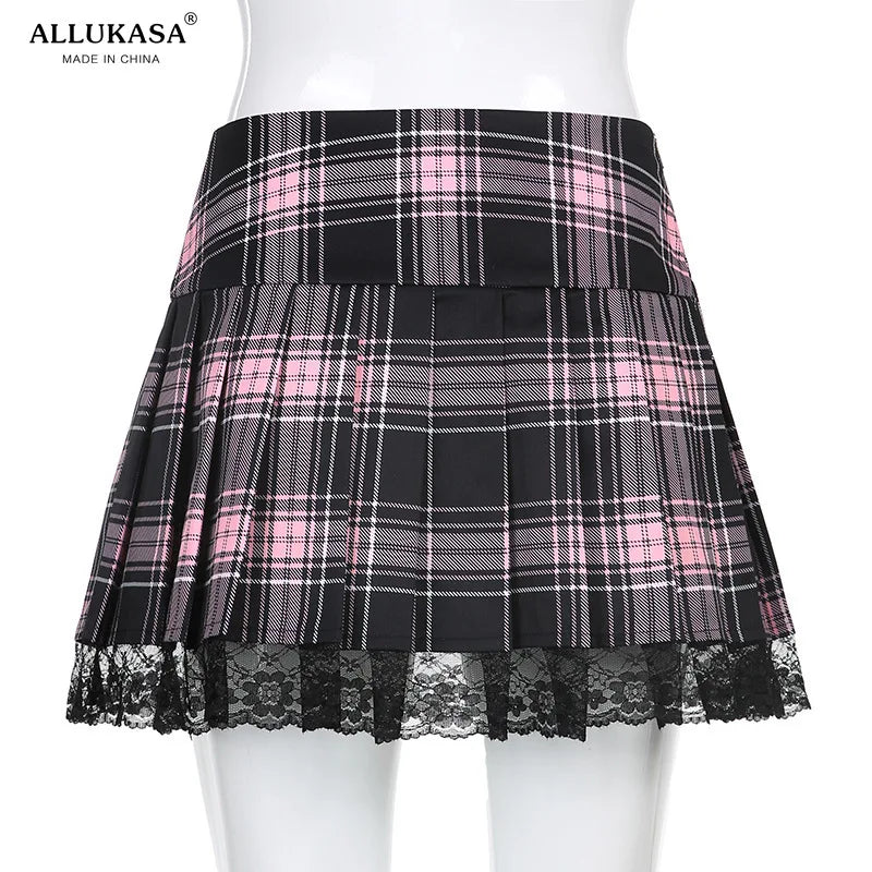 LVSANW Lace Up Goth Y2K Woman Skirts Pink Stripe Plaid Lace Trim Pleated School Skirt Punk Dark Academia Aesthetic E Girl Clothes