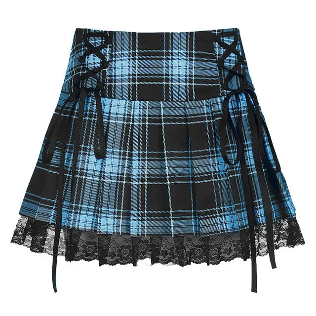 LVSANW Lace Up Goth Y2K Woman Skirts Pink Stripe Plaid Lace Trim Pleated School Skirt Punk Dark Academia Aesthetic E Girl Clothes