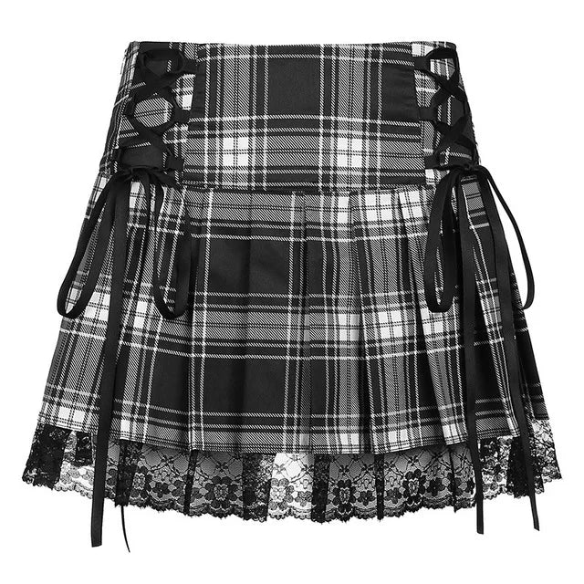 LVSANW Lace Up Goth Y2K Woman Skirts Pink Stripe Plaid Lace Trim Pleated School Skirt Punk Dark Academia Aesthetic E Girl Clothes