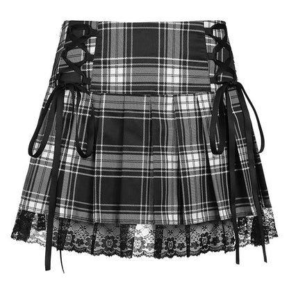 LVSANW Lace Up Goth Y2K Woman Skirts Pink Stripe Plaid Lace Trim Pleated School Skirt Punk Dark Academia Aesthetic E Girl Clothes