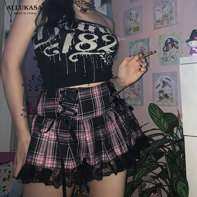 LVSANW Lace Up Goth Y2K Woman Skirts Pink Stripe Plaid Lace Trim Pleated School Skirt Punk Dark Academia Aesthetic E Girl Clothes