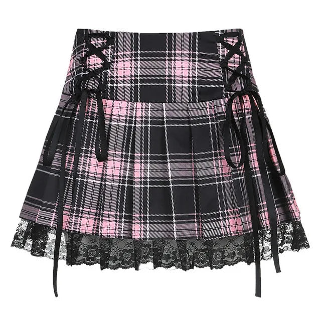 LVSANW Lace Up Goth Y2K Woman Skirts Pink Stripe Plaid Lace Trim Pleated School Skirt Punk Dark Academia Aesthetic E Girl Clothes