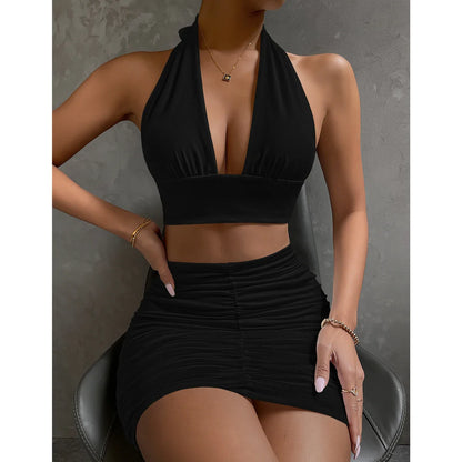 LVSANW Lace Up V Neck Sexy Hollow Out Two Piece Set Women Backless Sleeveless Pleated Bodycon Mini Dress Summer Female