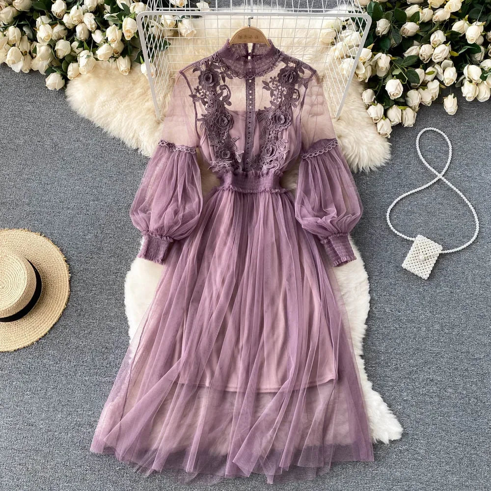 LVSANW Ladies Dress Three-dimensional Flower Hook Mesh Temperament Stand Collar Lantern Sleeve High Waist Slim Female Dresses