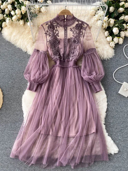 LVSANW Ladies Dress Three-dimensional Flower Hook Mesh Temperament Stand Collar Lantern Sleeve High Waist Slim Female Dresses