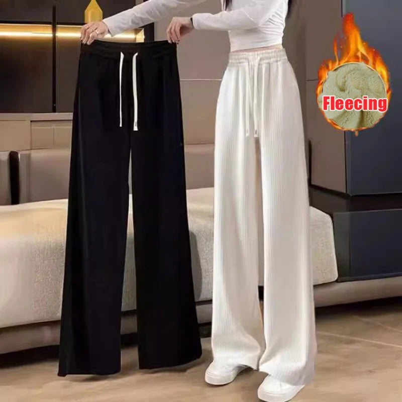 LVSANW Lamb Fleecing High Waist Straight Wide Leg Pant Solid Casual Warm Long Pant Winter For Women's Pants Clothes Trouser Office Lady