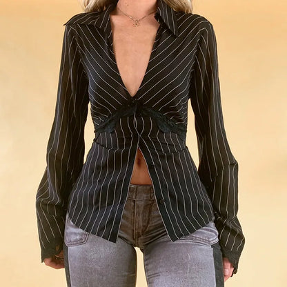 LVSANW Lamuusaa Striped Shirts Women Lace Trim Deep V Neck Single Breasted Flared Sleeve Cardigan Blouses Tops y2k Clothing Streetwear