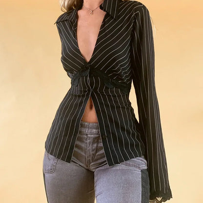 LVSANW Lamuusaa Striped Shirts Women Lace Trim Deep V Neck Single Breasted Flared Sleeve Cardigan Blouses Tops y2k Clothing Streetwear