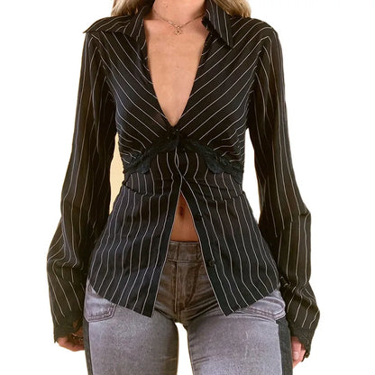 LVSANW Lamuusaa Striped Shirts Women Lace Trim Deep V Neck Single Breasted Flared Sleeve Cardigan Blouses Tops y2k Clothing Streetwear